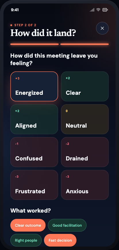 Meeting Pulse log screen: mood grid and what worked / what got in the way