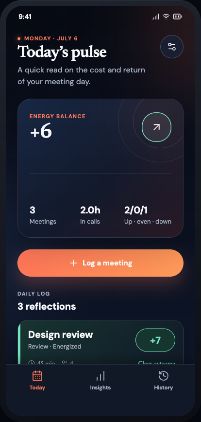 Meeting Pulse Today screen: daily pulse, energy balance, log CTA, and reflections list