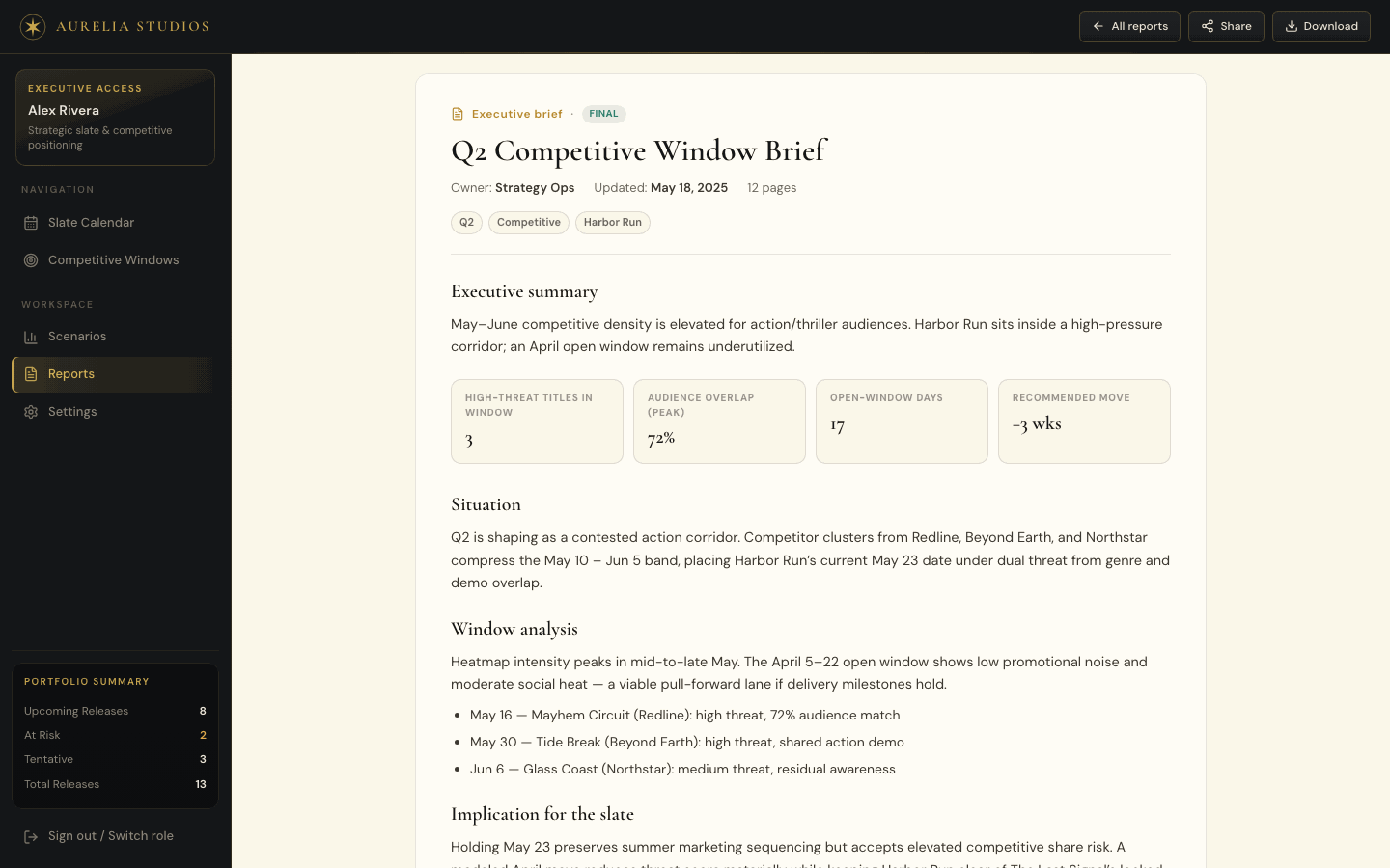 A generated Q2 competitive window brief document: executive summary, situation, window analysis, and implication.